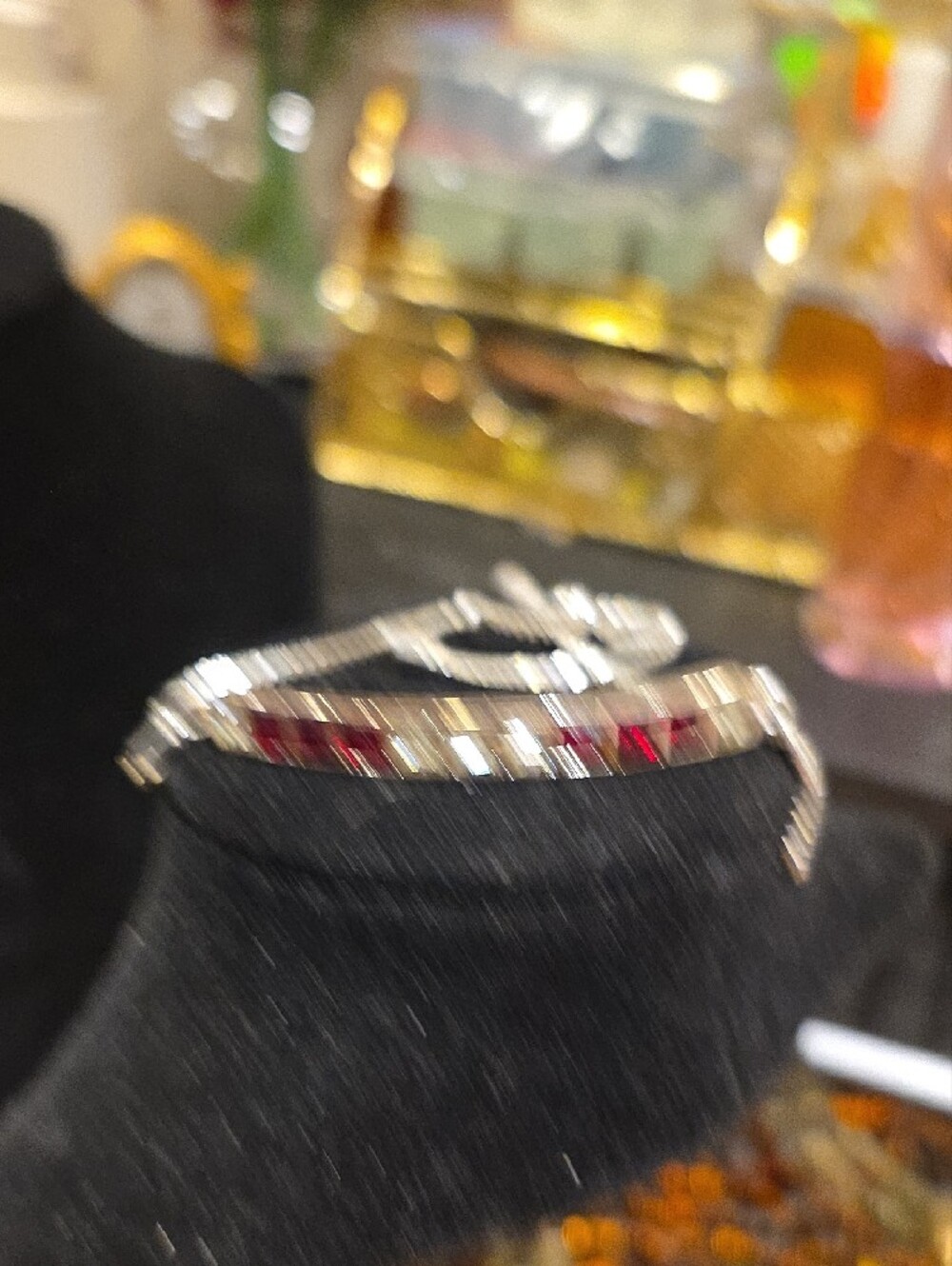 Adjustable Silver-Tone Bracelet with Red and Clear Gemstones - Picture 5 of 5